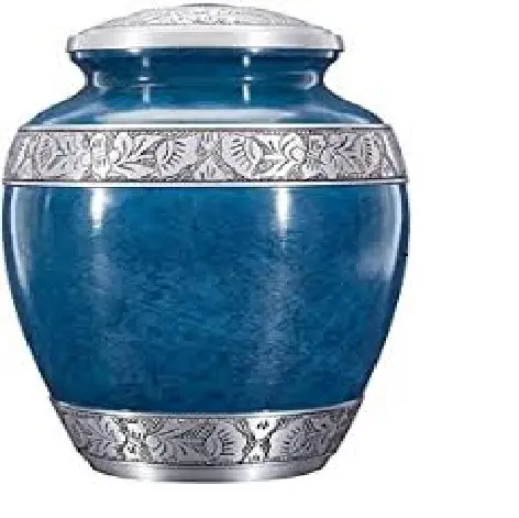 Hoogwaardig Aluminium Crematie Urn Met Blauw Email Handgesneden Ontwerp Indiase Handwerk Begrafenisvoorraad Volwassenen Aandenken Urn/Token