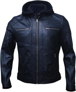 Chaqueta de piel de cordero auténtica para hombre con cremallera desmontable Capucha con cordón negro marrón cuello de pie capucha de lona extraíble - Product Image 4