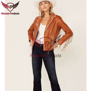 Womens Real Cognac Brown Leather <b>Jacket</b> White <b>Fringe</b> Sleeve Tassels Sheepskin Contrast Trim Western Biker Coat Custom Outerwear - Product Image 3