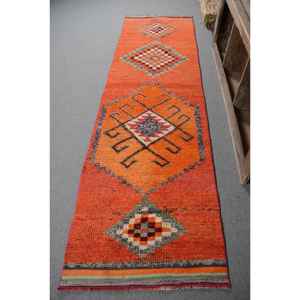 Alfombra turca Vintage naranja étnica 2,9X10,5 pies respaldo clásico de látex de lana de área grande para decoración para sala de estar patrón de retazos - Product Image 1