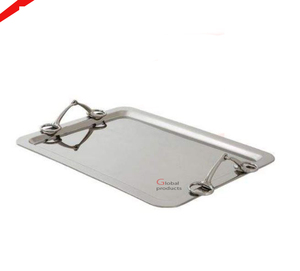 Bandeja de servicio de metal con acabado plateado de calidad estándar 2025 con mango de diseñador para restaurante de hotel - Product Image 5