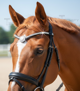 Bandeau central en cristal en forme de tournesol |   Bride de cheval en cuir noir avec bande frontale ornée de strass transparents - Product Image 1