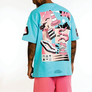 เสื้อฮิปฮอปปกสูงสีฟ้าและสีขาวสำหรับผู้ชายเสื้อยืดสไตล์สตรีทโอเวอร์ไซส์แบบสั่งทำ - Product Image 2