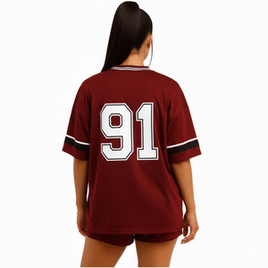 Ensemble de maillots de football américain unisexe surdimensionnés |   Haut respirant 100% polyester marron numéro 91 avec short assorti |   Grande taille - Product Image 2