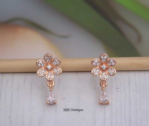 Floral Key <b>Tops</b> Stainless Steel Gold Plated Stud <b>Earrings</b> with Cubic Zirconia Trendy Unique Design - Product Image 2