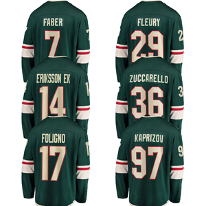 Maillot de hockey sur glace du Minnesota 2024, chemises brodées avec logos # 97 Kaprizov # 29 Fleury # 7 Faber # Tenue de sport uniforme à 36 points de couture - Product Image 1