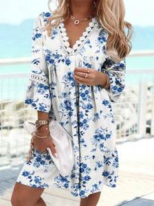 Vestido de tres cuartos para mujer, informal, Floral, Otoño, ligero, microelasticidad, encaje Midi - Product Image 2