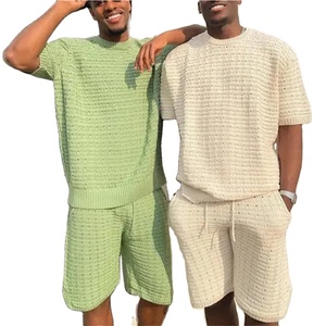 Wholesale Custom New Men’s Textured <b>Knit</b> Shorts <b>Set</b> Summer Casual Two Piece Outfit Streetwear Loose Fit Custom Logo Shorts <b>Sets</b> - Product Image 1