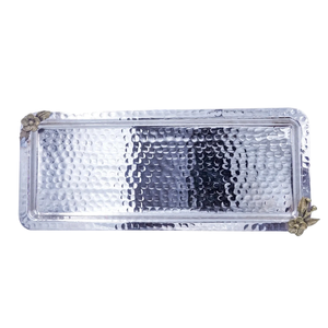 Elegante bandeja de servicio de acero inoxidable martillado con asas florales para postres de catering en cualquier evento o uso en fiestas - Product Image 4