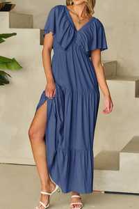 2025 azul largo bohemio Maxi vestido para mujer verano señora elegante señoras suelta playa Mujer vacaciones manga corta Maxi vestido - Product Image 5