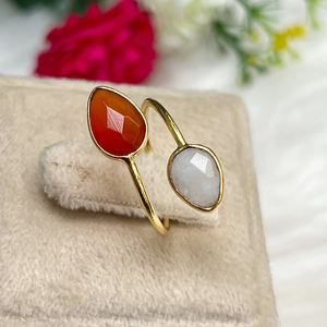 แหวนพลอยฝาสีทองปรับขนาดได้สำหรับทำมือแหวนพลอยมูนสโตนสีรุ้งคู่รูปลูกแพร์ - Product Image 4