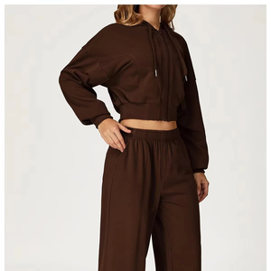 Conjunto de Sudadera con capucha informal holgada de lujo para mujer, sudaderas con cremallera de peso pesado, sudaderas con capucha recortadas personalizadas para mujer en blanco - Product Image 3