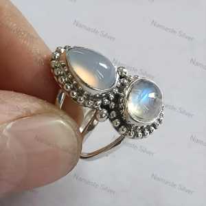 Chalcedony & Rainbow Moonstone Dual Gemstone Boho <b>Ring</b> Retro Style Handmade Sterling <b>Silver</b> <b>Statement</b> Jewelry Gift for Her - Product Image 3