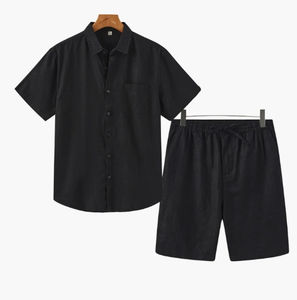 Ensemble chemise et short décontracté en coton 100% de luxe, à manches courtes, motif uni, vente flash d'été, ensemble deux pièces pour homme - Product Image 2