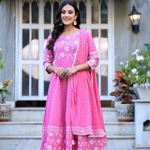 Vestido Largo de Algodón para Mujer, Estilo Anarkali, Cuello en V, Manga Corta, Estampado Floral, Corte en A, con Dupatta, para Fiestas o Uso Casual, OEM - Product Image 1