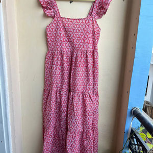 Robe en coton à manches courtes imprimé bloc main rose | Maxi bohème | robe en coton à fleurs - Product Image 1