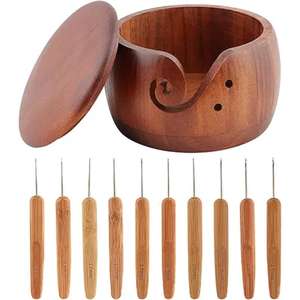 Handmade Wooden Yarn Bowl Rack with 8 Metal <b>Crochet</b> <b>Hooks</b> Woven Bowl for Home Decor Available at Wholesale Price - Product Image 6