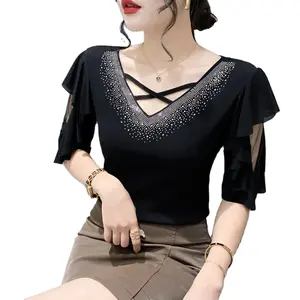 Black Blue Purple Mesh T Shirt Women Half Sleeve Ruffles Korean Style Tight Tshirt V-neck Diamonds Sexy Tshirt Hollow Out