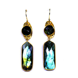 Vêtements de mariage en argent sterling 925 plaqué or bijoux Labradorite pierres précieuses femmes portent des boucles d'oreilles suspendues - Product Image 1