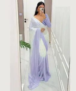 Broderie travail sari avec chemisier pas cher bas prix marché de gros dames saree tenue de fête mariage indien net tissus dentelle bordure