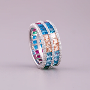 Bague arc-en-ciel en argent sterling 925 multicolore coupe princesse Moissanite bague en diamant Triple rangée bande glacée - Product Image 3