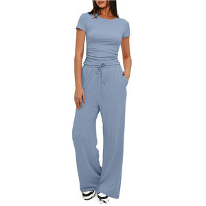 Conjuntos de ropa de salón de 2 piezas de verano para mujer, conjuntos de ropa de salón de 2 piezas informales de manga corta de Color sólido al por mayor personalizados - Product Image 6