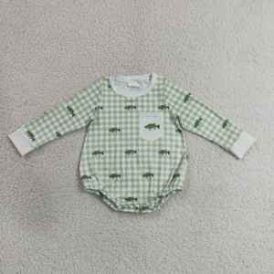 Combinaison pour bébés garçons, automne-printemps, vert gingham, imprimé poisson, poche, manches longues, combinaison une pièce pour un usage quotidien en plein air - Product Image 1