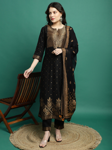 Hermosa ropa informal larga para mujer readymade de autodiseñadora Kurta en negro emparejado con conjuntos de pantalones y diseñador Dupatta a precio de lote - Product Image 5