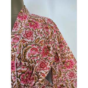 Pure Cotton Boho-Style <b>Kimono</b> Indian Handprinted Summer Dress with Peach Red Floral Print As <b>Beach</b> Cover Wear for Christmas - Product Image 2