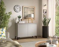 Buffet compact moderne en bois Terraneo Grigio avec poignées en bois, portes/étagères de rangement, meubles de salon, organisation de la maison