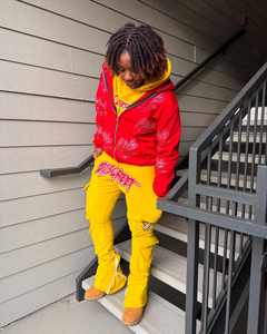 Fabricant de vêtements de rue personnalisés, sweat à capuche zippé et pantalon de survêtement évasé, survêtement baggy vintage en coton avec impression à rayures pour hommes - Product Image 6