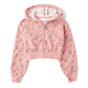 The Children's Place Sweat à capuche zippé en polaire pour femme, imprimé mignon, style quotidien, en soie biologique brodée, coupe courte, rose, col à capuche, pour l'hiver - Product Image 1