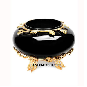 Cuenco decorativo para servir frutas de metal con soporte de hoja dorada de color negro brillante de lujo - Product Image 1