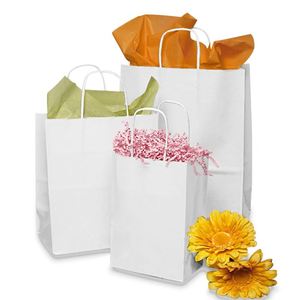 White Kraft <b>Paper</b> Shopping Bags with Twist Handle Brown <b>Biodegradable</b> Laminated for Clothing and Cakes Use - Product Image 1