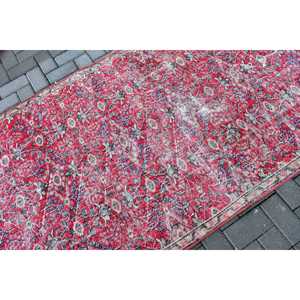 Vintage Turkish <b>Wool</b> Area Rug 3.8x7.6 ft (115x232 Cm) Eco Friendly Patchwork Design with <b>Red</b> Border and Latex Backing - Product Image 5