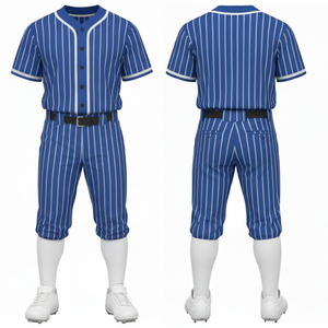 Uniforme de baseball bleu OEM, jersey et pantalon sublimés à rayures verticales blanches - Product Image 1