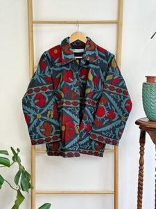 Bohemian Embroidered <b>Short</b> Thick Oversized Quilted Cotton <b>Jacket</b> Women Vintage Suzani Floral Eco-Friendly Teal Ethnic Pattern - Product Image 5