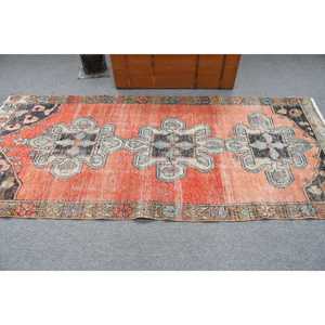 Turkish Rug 3.7x8.2 ft Vintage Traditional Eco Friendly <b>Red</b> Blue Patchwork <b>Wool</b> Rug with Latex Backing - Product Image 3
