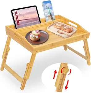HOSTK可调高度托盘，带折叠腿竹早餐食品桌，带手机平板支架床托盘桌