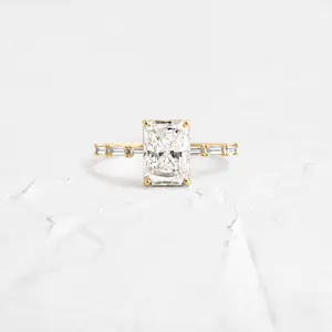 Custom Jewelry Rectangle Cubic Zirconia Brilliant Cut Gold Plated Diamond Wedding 925 Sterling Silver Ring