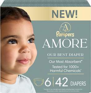 Pampers Amore, Talla 6 (23-44 lbs), 42 Unidades, Nuestro Mejor Pañal - Hipoalergénico y Sin Fragancia, Hasta un 100% a Prueba de Fugas, Suave - Product Image 1