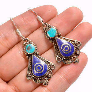 Boucle d'oreille en pierre précieuse de lapis de corail turquoise naturel, bijoux tibétains faits à la main en argent, fournisseur de bijoux en argent antique - Product Image 4