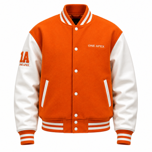 ONEAPEX Custom Orange Hooded Varsity/Letterman <b>Jacket</b> Premium Wool <b>Leather</b> Sleeves Breathable Winter OEM ODM Private Label - Product Image 1