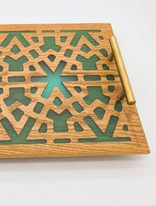 Bandeja de Servicio de Madera de Diseño Láser de Lujo con Asas de Metal Dorado e Incrustaciones Acrílicas, Bandeja Rectangular Decorativa para Decoración del Hogar - Product Image 5