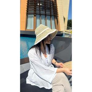 Beige Pearl Detailed Knitted Pattern Wide Brim Hand-Knitted Summer Straw <b>Hat</b> HSR2093 - bej2093 - Product Image 3