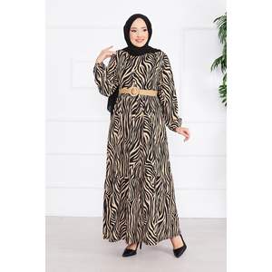 Zebra Pattern Belted Crepe Hijab Modest <b>Dress</b> <b>Black</b> Crepe Material with Unique Zebra Print Design - Product Image 4