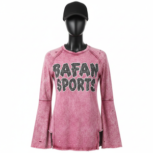 Camiseta de Manga Larga de Algodón Suave para Mujer, 180 GSM, Lavado Ácido, Rosa, Manga Raglán, Panel con Estampado Personalizado, Logotipo, Camiseta de Algodón - Product Image 6