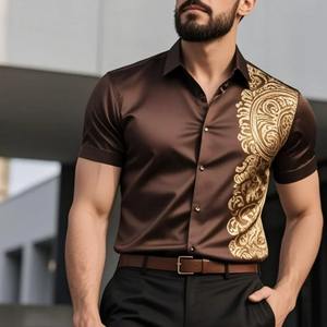 Chemises pour hommes personnalisées, élégantes, respirantes, imprimées en 3D, à col montant, chemises décontractées, nouvelles chemises en coton à manches courtes et coupe ajustée - Product Image 5