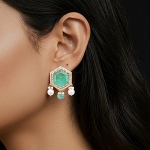 Collar Gajaah de Plata 925 con Piedras Preciosas Hexagonales Verdes para Mujer, Conjunto de Aretes para Boda, Compromiso o Fiesta - Product Image 1