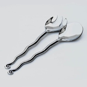 Fabuleux service à salade avec miroir en argent blanc poli service de table à bout torsadé ondulé ensemble de serveur à salade royal - Product Image 1